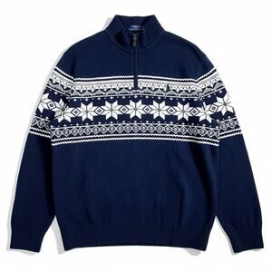 Polo Ralph Lauren Pullover Blue Snowflake Fair Isle Estate Rib Zip Up Men's XL